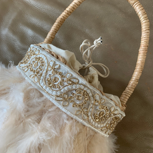 creema限定】フェザーかごバッグ＊grege feather bag＊白 かごバッグ 