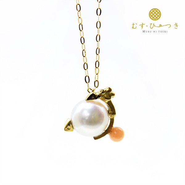 K10 K18【ラッキーアニマル】招き猫 ネコ 珊瑚 あこや真珠 ネックレス 7.5-8mm【送料無料】