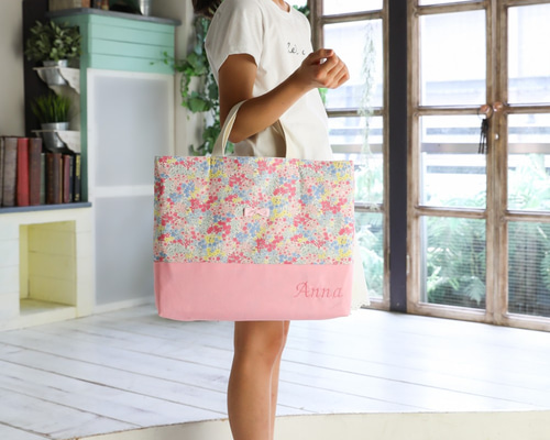 くすみピンク×花柄 入園入学3点セット サテンリボン レッスンバッグ お祝い 花柄＆リボンの入園入学 基本の3点セット：ピンク｜サイズ変更