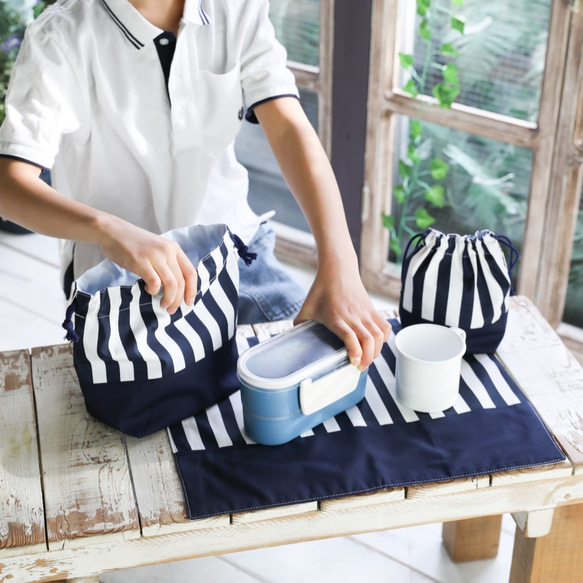 3点でお得】ずっと使えるストライプ☆お弁当袋＆コップ袋＆ランチョン 