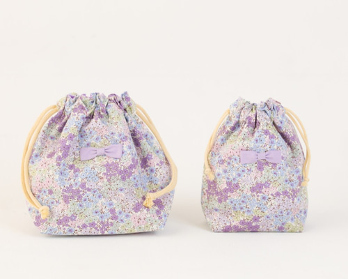 ハンドメイドお弁当袋 白×シルバーラメストライプ×薄パープルビッグリボン