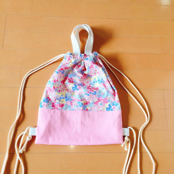 入園入学　ずっと使えるピンク花柄♡ナップサック型体操着入れ持ち手付き 2枚目の画像