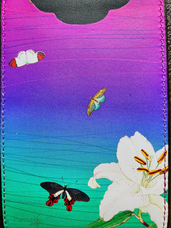 E05-1蝴蝶百合  中國風格證件夾.悠遊卡夾   天然皮革 第2張的照片