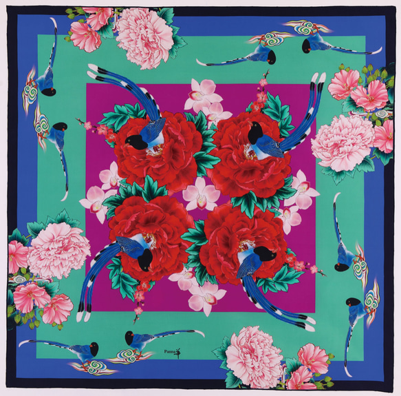 藍鵲舞春風系列   蠶絲絲巾 100%silk C01-1 第7張的照片