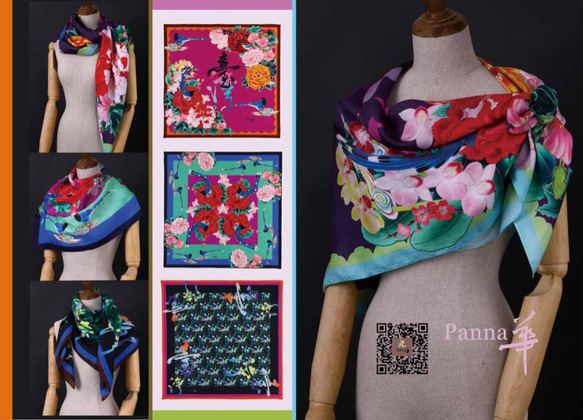 藍鵲舞春風系列   蠶絲絲巾 100%silk C01-2 第8張的照片