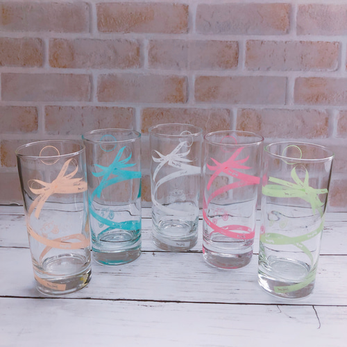 お値下げ　アンティーク　グラス　セット　リボン　ガラス　コップ　宗教 選べる5colorリボン柄のグラスコップ グラス M's liebe 通販 8067098