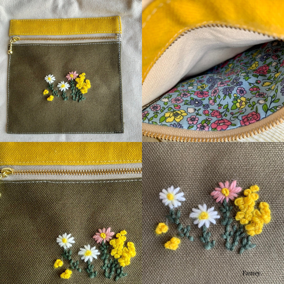 大人かわいい手刺繍お花のプチバッグ　国産帆布　ミモザ　春色 7枚目の画像