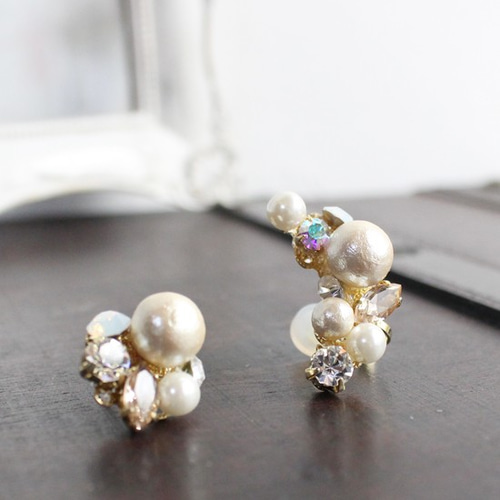 コットンパールビジューピアス+イヤークリップ ピアス（スタッド・一粒  