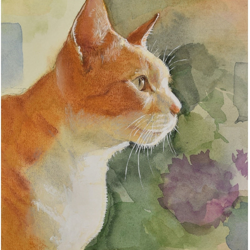 花と猫（水彩+パステルon paper） 絵画 petpetart 通販 4142527