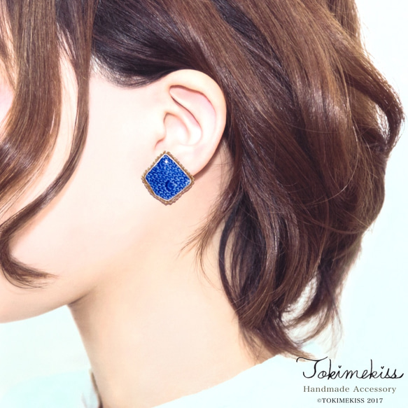 藍色陶器編織耳環×的金線“免費送貨免費包裝”過敏*日本模式模式 第4張的照片