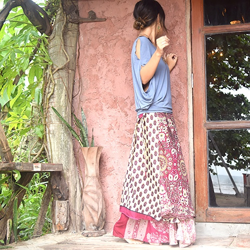 1点もの◇BOHO◇インドサリー△マキシ丈*リバーシブル巻きスカート