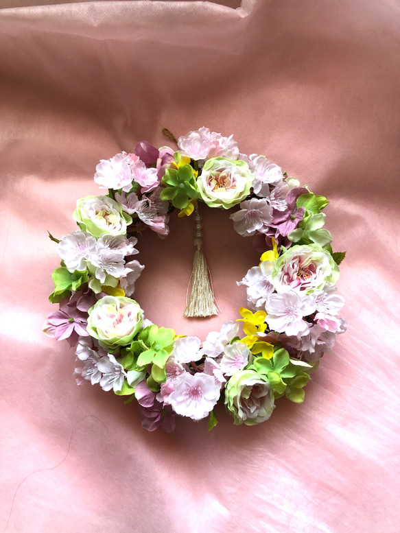 送料無料　桜　菜の花　ローズの春リース 2枚目の画像