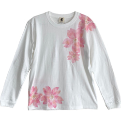 舞桜柄Tシャツ ホワイト 手描き長袖Tシャツ　袖リブ付き　ロンT　花柄 3枚目の画像