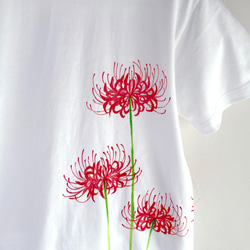 彼岸花柄Tシャツ ホワイト 手描きで描いた彼岸花柄Tシャツ 曼珠沙華 秋 白 2枚目の画像