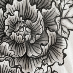 牡丹柄手描きTシャツ ホワイト 手描きで描いた牡丹の花柄Tシャツ 和柄 5枚目の画像