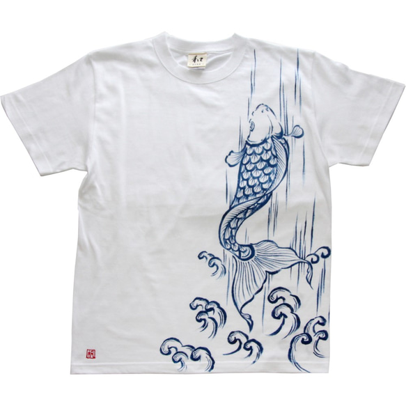 メンズ登り鯉柄Tシャツ ホワイト Mサイズ 手描きで描いた登り鯉のTシャツ