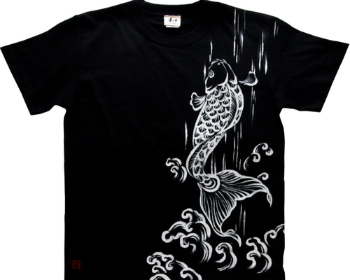 メンズ登り鯉柄Tシャツ ホワイト Mサイズ 手描きで描いた登り鯉のTシャツ