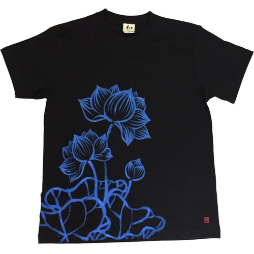 青蓮柄Tシャツ ブラック 手描きで描いた蓮の花のTシャツ 夏 Tシャツ