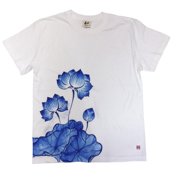 蓮柄メンズTシャツ 手描きで描いた蓮の花のTシャツ　夏 1枚目の画像