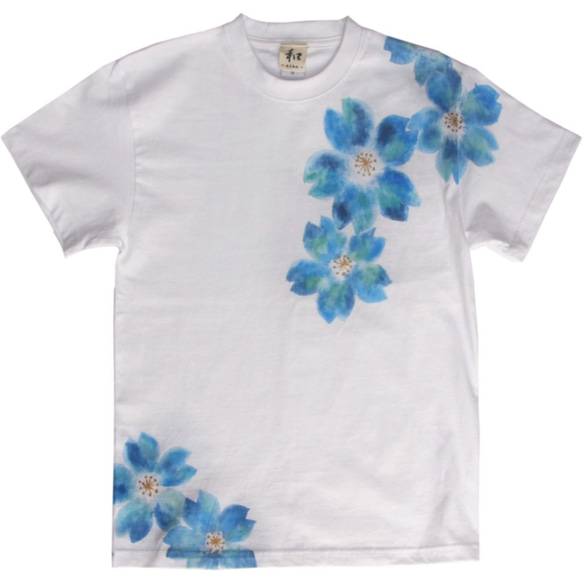 舞桜柄メンズ Tシャツ 手描きで描いた和風の桜柄Tシャツ  春 1枚目の画像
