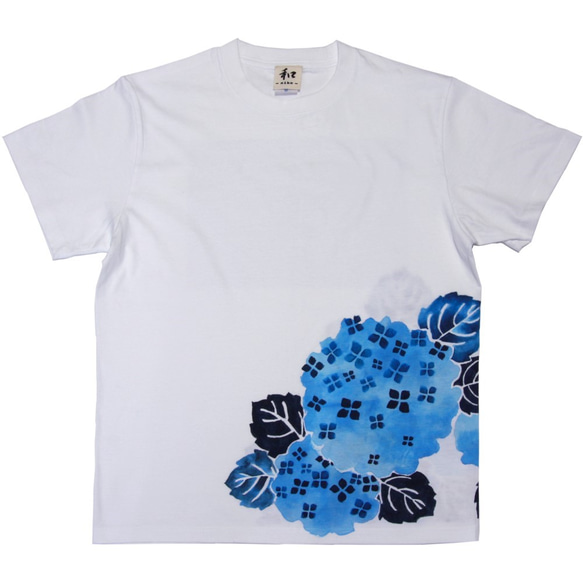 紫陽花柄Tシャツ 手描きで描いたアジサイの花柄Tシャツ メンズ　 1枚目の画像