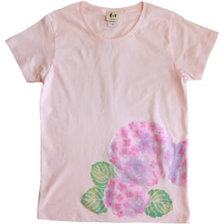 レディース アジサイ柄Tシャツ 手描きで描いた和風の紫陽花の花のTシャツ  ギフト　　 2枚目の画像