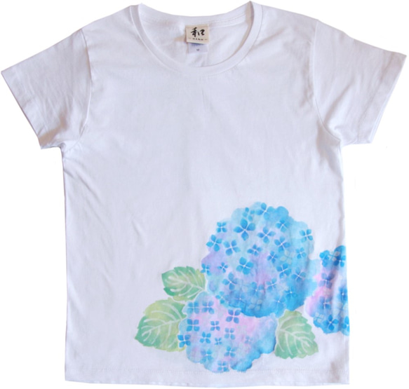 レディース アジサイ柄Tシャツ 手描きで描いた和風の紫陽花の花のTシャツ  ギフト　　 3枚目の画像