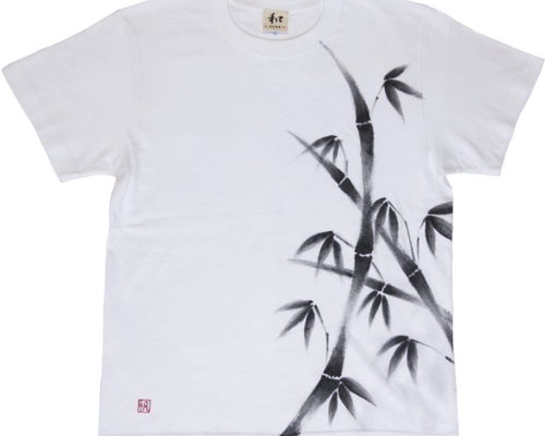 手描き竹柄袖リブロングTシャツ XSサイズ ホワイト 男女兼用 長袖 秋冬 和柄 0_61652056376a80560c2ab61670e6
