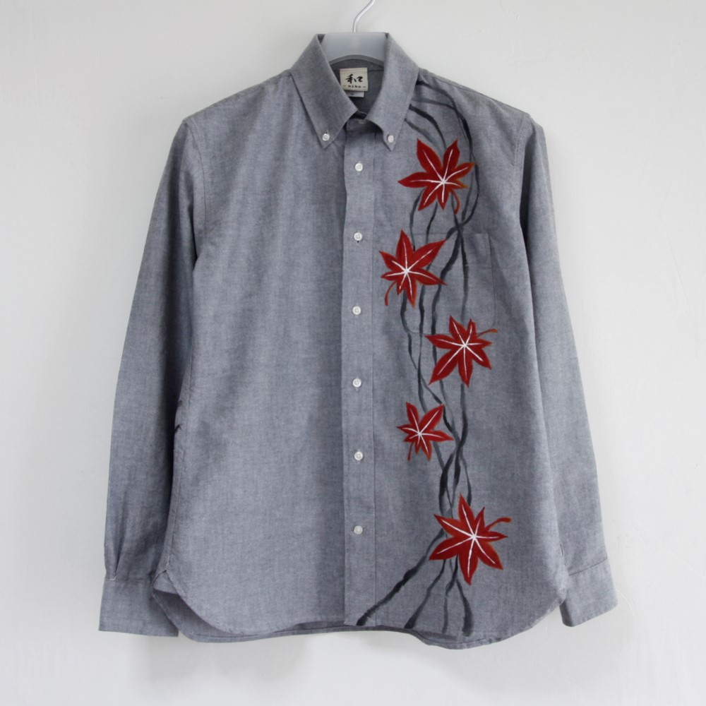 手描き紅葉柄 長袖 オックスフォードボタンダウンシャツ メンズ 秋柄