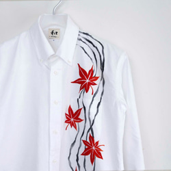 手描き紅葉柄 長袖 オックスフォードボタンダウンシャツ メンズ ホワイト 秋柄 1枚目の画像