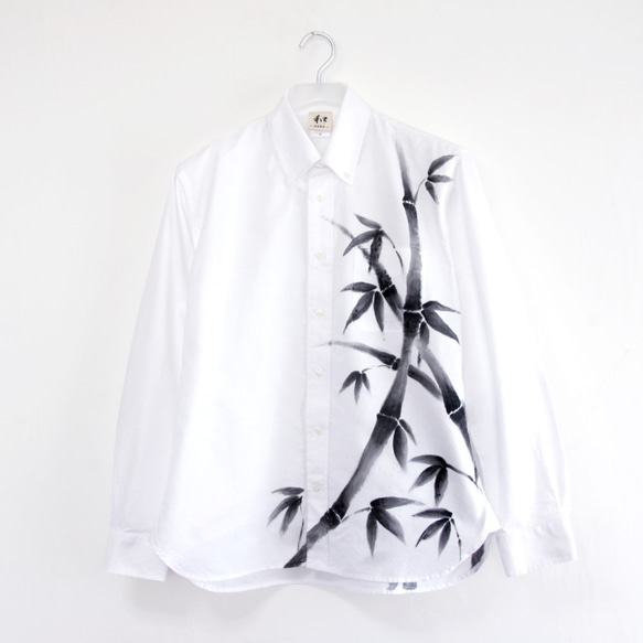 手描き竹柄 長袖ボタンダウンシャツ オックスフォード生地 ホワイト メンズ 和柄 和風 1枚目の画像