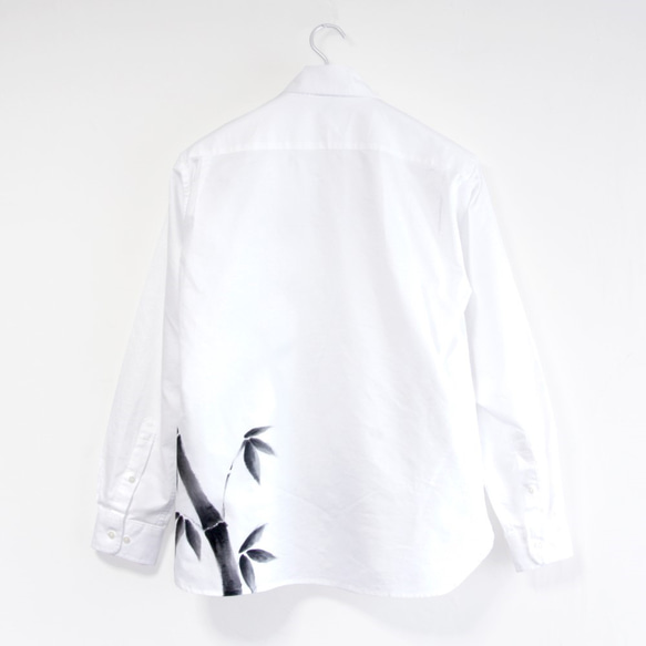 手描き竹柄 長袖ボタンダウンシャツ オックスフォード生地 ホワイト メンズ 和柄 和風 2枚目の画像