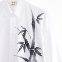 手描き竹柄 長袖ボタンダウンシャツ オックスフォード生地 ホワイト メンズ 和柄 和風 3枚目の画像