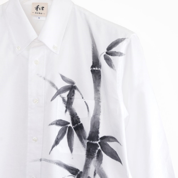 手描き竹柄 長袖ボタンダウンシャツ オックスフォード生地 ホワイト メンズ 和柄 和風 3枚目の画像