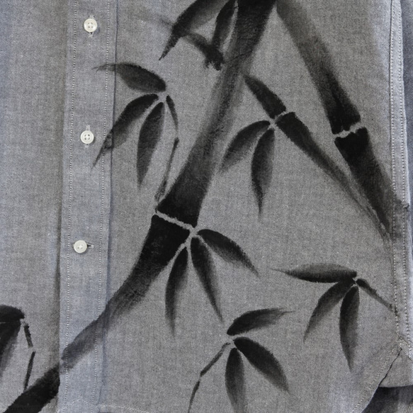手描き竹柄 長袖ボタンダウンシャツ オックスフォード生地 グレー メンズ 和柄 和風 4枚目の画像