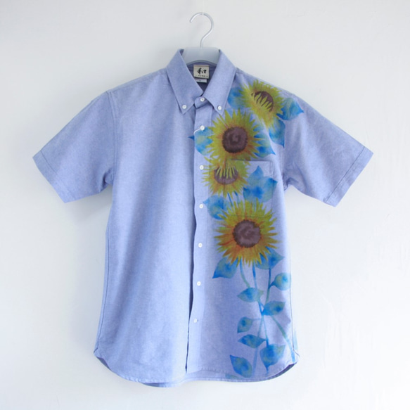 手描きひまわり柄 半袖ボタンダウンシャツ オックスフォード生地 カジュアルシャツ 1枚目の画像