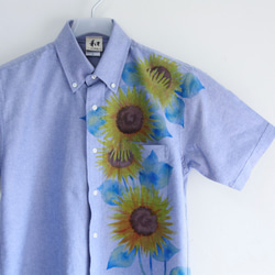 手描きひまわり柄 半袖ボタンダウンシャツ オックスフォード生地 カジュアルシャツ 4枚目の画像