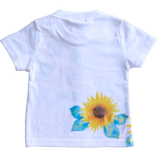 キッズ ひまわり柄Tシャツ ホワイト 手描きで描いたひまわりの花
