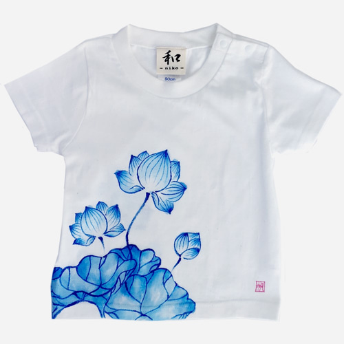 キッズ 蓮柄Tシャツ ホワイト 手描きで描いた蓮の花柄Tシャツ 子供服