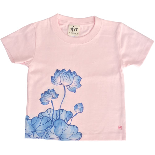 キッズ 蓮柄Tシャツ ピンク 手描きで描いた蓮の花柄Tシャツ 子供