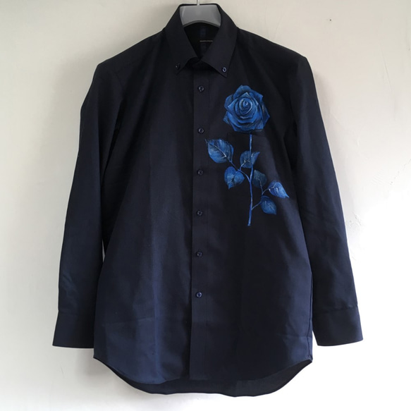 ブルーローズと蜘蛛の巣柄長袖シャツオーダー シャツ 手描きTシャツと