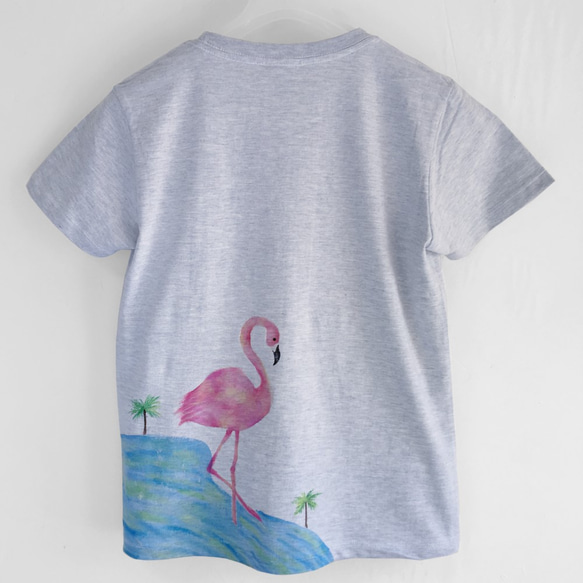 フラミンゴ柄Tシャツ、トロピカルな南国フラミンゴの手描きTシャツ。 3枚目の画像