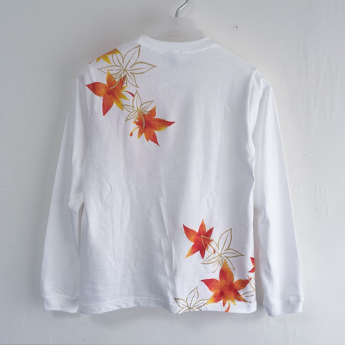 手描き舞紅葉柄袖リブロングTシャツ Lサイズ ホワイト 長袖 秋冬 白 和柄 手書き舞紅葉柄袖リブロングTシャツ ホワイト 長袖 白 男女兼用 T