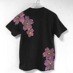 舞桜柄メンズ Tシャツ　ブラック×桜色　手描きで描いた和風の桜柄Tシャツ 2枚目の画像