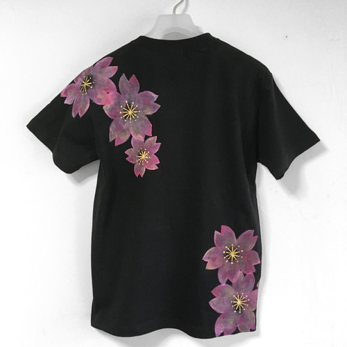 舞桜柄メンズ Tシャツブラック Sサイズ 手描きで描いた和風の桜柄Tシャツ