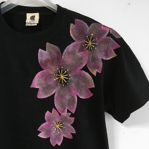 舞桜柄メンズ Tシャツブラック Sサイズ 手描きで描いた和風の桜柄Tシャツ