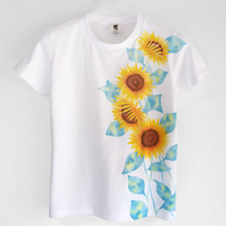 ひまわり柄Tシャツ 手描きで描いた向日葵の花柄Tシャツ 夏 1枚目の画像