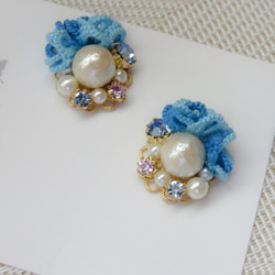 【送料無料】爽やかブルーflower&cotton pearlピアス/イヤリング#142 3枚目の画像