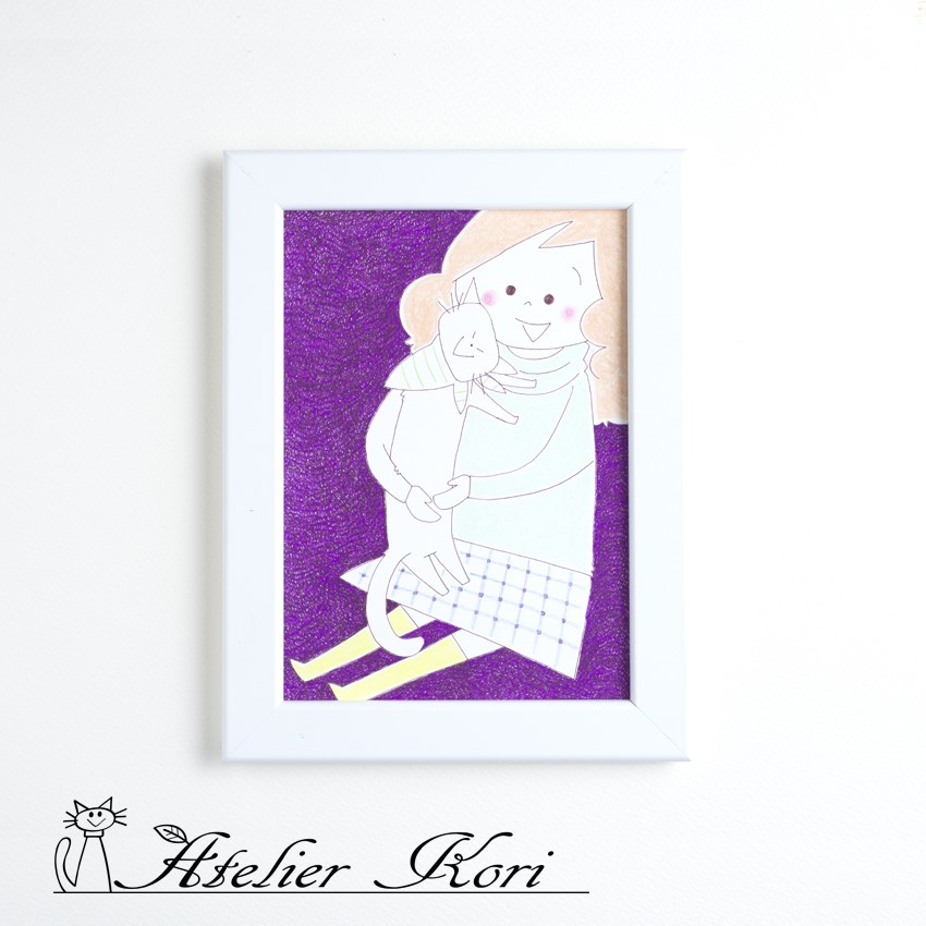 女の子と猫～秋バージョン（額付き原画イラスト）