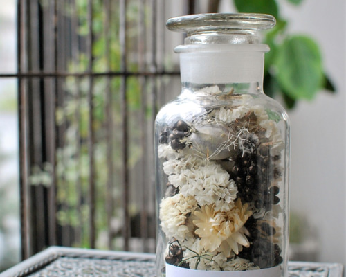 大きめメディシンボトルフラワー アンティークホワイト×ブロンズ